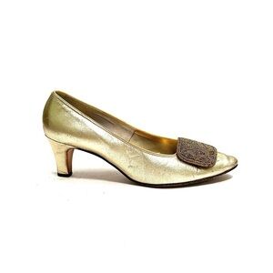 Vintage 1960s metallic gold leather oversize beaded buckle slip on mod heels